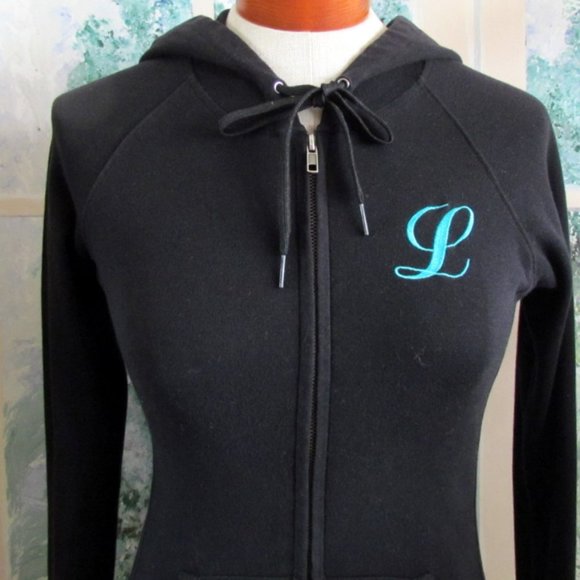 ZIP HOODIE w POCKET, M, INITIAL "L" TURQUOISE on BLACK COTTON BLEND ONE STEP UP - Picture 4 of 6